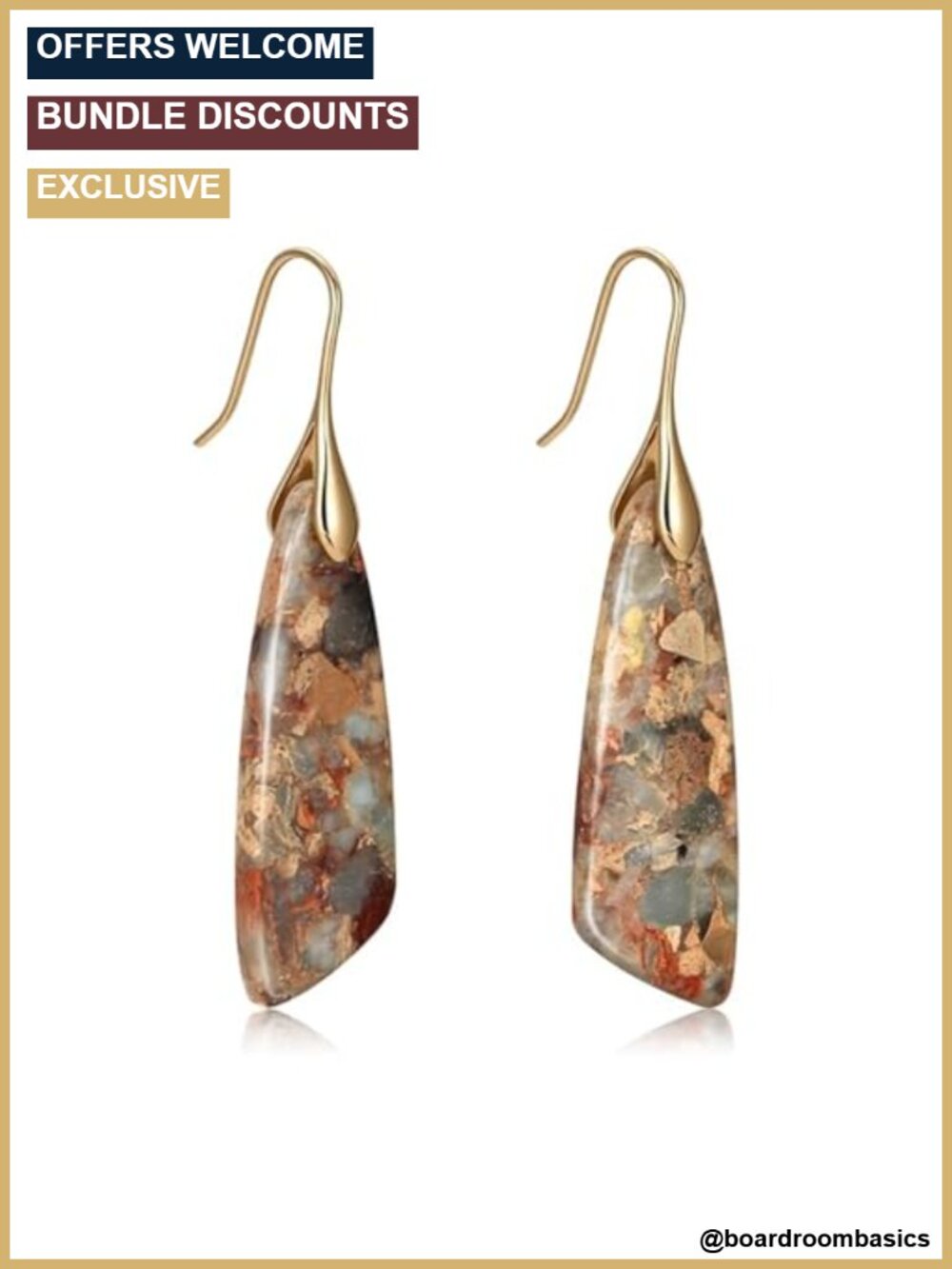 Imperial Jasper Teardrop Dangle Drop Earrings Gold Plated French Hook